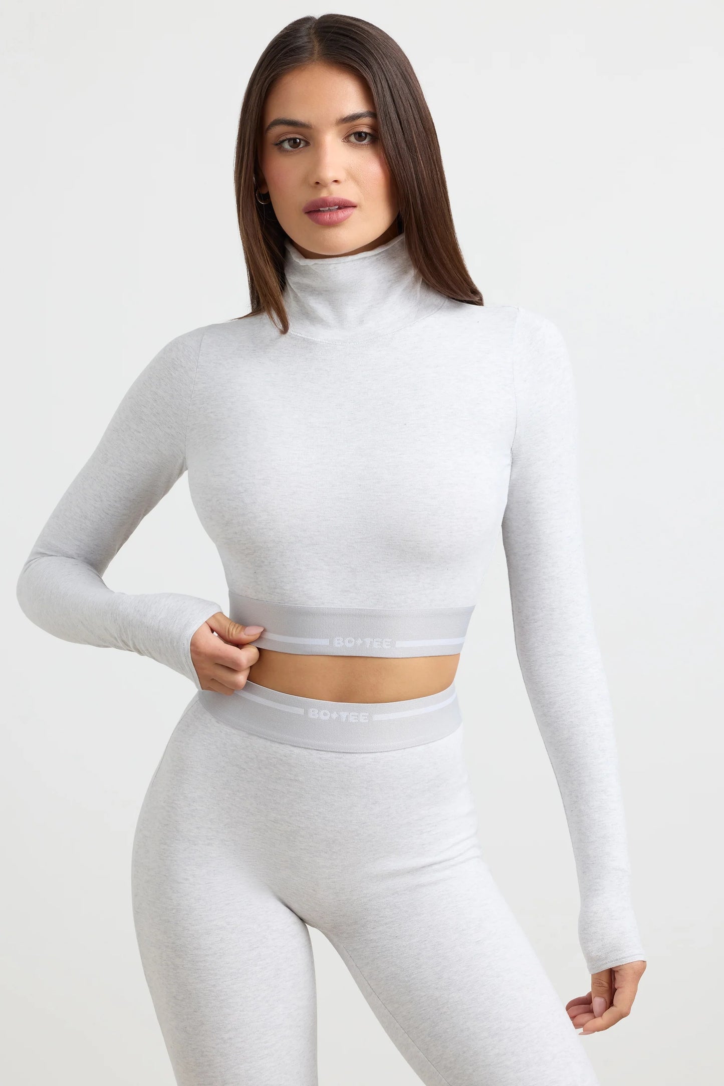 Grounded - Turtleneck Backless Long-Sleeve Crop Top in Grey Marl