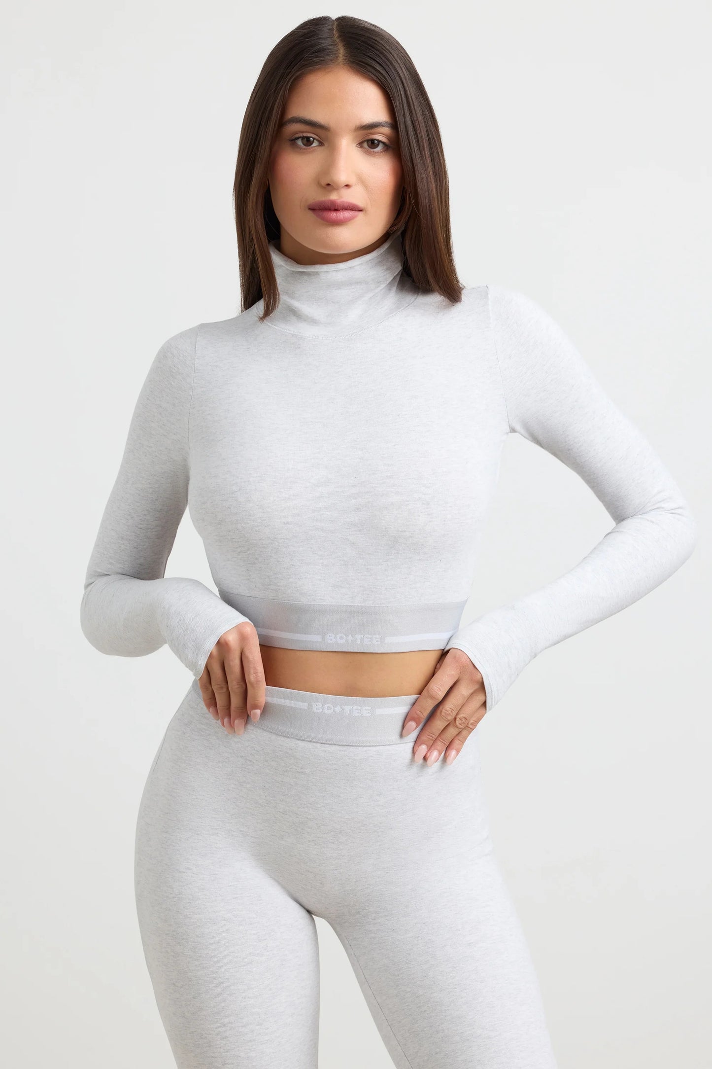 Grounded - Turtleneck Backless Long-Sleeve Crop Top in Grey Marl